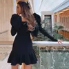 Mode Black Mini Dress Puff Sleeve Design Square Neck Ruffle Celebrity Party Club Bandage Ladies Vestido 210525