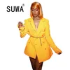Neon Yellow Women Fashion Work Wear Double Breasted Blazers Coat Vintage Long Sleeve Female Outerwear Chic Tops Dress 210525