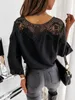 Fashion Solid Color T-Shirts Women Summer Hollow Out Lace Splicing Bow Decor See Through O-Neck Three Quarter Sleeve Loose Tops 210526