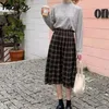 日本原宿秋冬女性ミディスカートプラスサイズ3xlウールハイウエスト格子縞女性サイアス韓国のストリートウェアロングスカート210421
