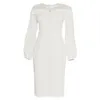 Tutto bianco elegante donna abiti da festa e da sposa manica lunga vita alta aderente Midi vestidos Office Lady 210525
