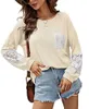 T-shirt das mulheres outono lace manga comprida o-pescoço túnica bolso frontal camisa moda confortável casual solto tops camisas de mujer