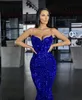 Kraliyet Mavi Sequins Abiye Balo Abiye Kadınlar Için Doğum Günü Partisi Giyim Backless Orta Doğu Abiye Dubai Kaftan Artı Boyutu Denizkızı Spagetti Sapanlar