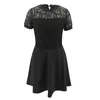 Women Sexy Lace Patchwork Hollow Out Dress Summer Chic O-Neck Short Sleeve See-Through Black Party A-Line Dress Vestidos 210416