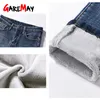 Ciepłe zimowe dżinsy dla kobiet z polaru wysokiej talii chudy żeński denim damski plus rozmiar rozciąganie niebieski aksamitne spodnie 210428