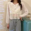 Blouses feminina camisas femininas 2022 Moda coreana da primavera elegante blusa de renda floral tops e chiffon crochet hollow out boho