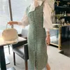 Korea Style Solid Color Lantern Sleeve Bow Tie Neck White Shirt Two Pieces Set + Sexy Spaghetti Strap Houndstooth Dress Suit 210520