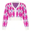 Сладкий розовый Y2K Argyle короткий вязаный свитер кардиган женские джемпер теплые 90-е годы с длинным рукавом orton обрезанный верхняя осень зима одежда 210415