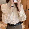 Summer Women White Lace Shirt Long Sleeve Sexy See Through Female Blouse Tops 210415