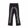 Fashion Back Letters Embroidery Denim Flare Jeans Mens Zipper Straight Trouser Hip Hop Destroy Holes Streetwear Pants Joggers