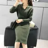 Sexy Cross V-Neck Sweter Dzianiny Zimowe Kobiety Z Długim Rękawem Split Zagęścić Slim Fit Cashmere Robe Femme Bodycon Dress 210416