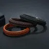 Venta de existencias, pulsera de cuero Vintage para hombre, brazalete en tres colores, precio al por mayor, joyería de acero inoxidable a la moda