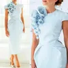 New Elegant Formal Evening Dresses with Hand Made Flower Pageant Capped Short Sleeve 2021 Tea-Length Sheath Prom Party Cocktail Gown