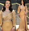 2022 Plus Size Arabski ASO EBI Gold Mermaid Sexy Prom Dresses Zroszony Kryształy Wieczór Formalna Partia Druga Recepcja Urodziny Suknie Zaręczynowe Sukienka ZJ603