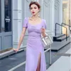 Sommar violett sexig klubb klänning kvadrat krage hög midja puff hyle temperament elegant party kvinnor 210603