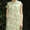 Johnature Women Stand Ramie Sommarklänningar Vintage Garment Ärmar A-Line Cheongsam Print Blommor Kinesisk stil Klänningar 210521