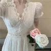 Summer Women Midi Party Short Sleeve Elegant Lady White Lace Embroidery Sexy Slit Tunic Beach Dress Vocation 210415