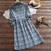 Japanese Mori Girl Autumn Women Dress Ruffled Collar Blue Vestidos Floral Printed Cotton Linen Dresses 210520