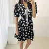 Korea Women's Lace Bow Peter Pan Collar Dress Ladies Small Daisy Printed Dresses Summer Girl Student Vestidos Women Clothes 210506