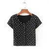 Retro Short Single-breasted Floral T-shirt Female High Waist Tight Skinny Tops Summer Button Front Rib Tee Girl LDLH 210603