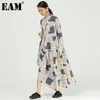 [EAM] Kvinnor mönster tryckt stor storlek lång skjorta klänning stå krage långärmad lös mode vår höst 1dd7206 21512