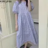 Korjpaa Kvinnor Klänning Korea Chic Sommar Retro Elegant Rund Neck Blommig Loose Joker Bubble Sleeve Klänning Lång Kjol Kvinna 210526