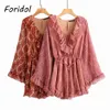 Foridol Flare Sleeve Barboteuses En Mousseline De Soie Salopette Ruffle Wide Leg Combinaisons Casual Beach Summer Boho Romper Femmes Floral Print 210415