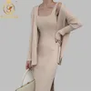 HMA de alta qualidade inverno mulheres casuais de mangas compridas Cardigan + Suspensórios Sweater Colete Dois peça Vestidos de pista Suit 211101