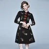 Vintage Golden Star Embroidery Autumn Spring Women Elegant Mandarin Collar Buckle Wrist Sleeve Female A-line Dress Vestido 210416