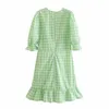 Vrouwen zomer plaid casual mini jurk korte mouw V-hals ruches vintage vrouwelijke elegante a-lijn jurken kleding vestidos 210513