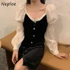 V Neck Single Breast Design Slim Dress Women High Waist Hip A Line Velour Vestidos Puff Long Sleeve Party Robe 210422