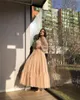 2021 Modest Champagne A Line Tulle Prom Dresses Sparkly Long Sleeves Sheer Scoop Neck Ankle Length Formal Evening Gowns