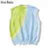 Una Reta Tie Dye Maglione Gilet Uomo Streetwear Gilet con scollo a V Pullover senza maniche Hole 's 210918