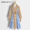 TWOTWINSTYLE Casual Patchwork Striped Trench Coat Female Lapel Collar Long Sleeve High Waist Lace Up Windbreaker Women 210914