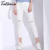 1 white skinny dżinsy kobieta z dziurami szczupła ołówek drelich spodnie zgrywanie dla kobiet Wysoka talia stretch Capris damme Jean Femme 210514