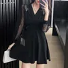 Sonbahar Siyah Mini Seksi Elbise Kadın Bodycon Uzun Kollu Ofis Bayan ES İmparatorluğu Püskül Yay A-Line Club Vestido 12558 210508