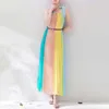 Hit Color Asymmetrical Dress For Women O Neck Sleeveless Casual Loose Lace Up Bowknot Pleated Maxi Dresses Female Summer 210531