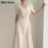 Lato Koreańskie eleganckie sukienki francuski wzór V-Neck wysokiej talii pasek boczny w połowie długości krótkiej rękawów wełny sukienka 210423