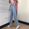 S-XL летний корейский опрятный стиль свободных женщин длинные джинсовые брюки двойные кнопки высокая талия прямые джинсы для женщин (78376) 210423