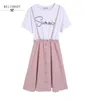 Preppy Stil Sommer Frauen Nette Kleid Hosenträger Gedruckt Brief Schuluniform Rosa Elegante Kawaii Mori Mädchen Plaid Kleider 210520