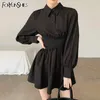 Foryunshes Kadınlar Uzun Kollu Ince Mini Elbise Kadın Yüksek Bel Seksi Siyah Katı Polo Yaka Elbise Kore Tarzı Moda 210709