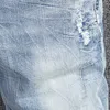 Streetwear moda homens jeans retro luz azul elástico algodão magro encaixe rasgado manchas desenhador hip hop denim punk calças