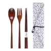 3 pçs / conjunto Natural Dinnerware de madeira conjunto bambu garfo pauzinhos colheres de chá de sopa cutelaria cutlery conjunto com pano saco portátil mesa de mesa rrd12549