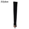 Toppkvalitet Fashion Trend Stretch Tyg Sock BOOTS Pointy Toe Over-The-Knee Heel Thigh High Pointed Toe Bekväm kvinna Boot Size 35-42