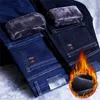 inverno uomo nero/blu caldo spesso slim fit jeans business moda casual denim pantaloni in pile stretch pantaloni di marca 211124
