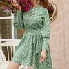 vintage polka dot dress shirt women autumn winter elegant dress with belt green casual ladies short dress 210415