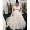 Plus Size V-Neck Wedding Dress Sheer Full Long Sleeves Lace Appliques A Line Tulle Marriage Vestidos Bridal Gowns