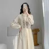 Vintage Çiçek Nakış Elbise Kadın Bahar Uzun Kollu Kayısı ES Yüksek Bel Vestido De Mujer Düğme 12918 210427