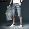 夏のメンズスリムフィットショートジーンズファッションコットンストレッチビンテージデニムショーツグレーブルーショートパンツ男性ブランド服210720