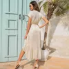 Sommer Solide Strandkleid Frauen V-Ausschnitt Kurzarm Lange Böhmische Lässige Spitze Up Split Rüschen Maxi Sommerkleid Vestidos Damen 210526